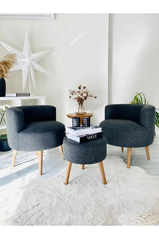 Çay Seti Ikili Koltuk Berjer Ve Puf Takımı (salon, Balkon, Ofis) 3 Lü Takım